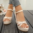 thumbnail image 2 of Rokment Platform Wedge Dressy Sandals for Women Ladies 2026 Fashion Casual Metallic Buckles Ankle Strap Height Increasing Chunky Heeled Dress Beach Summer Shoes Bride Wedding Boho Beige Size 6.5, 2 of 7