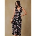 thumbnail image 3 of Black Floral Print V-Neck Sleeveless Ruffle Hem Maxi Dress, Lightweight Chiffon, Slimming Waist, Elegant Romantic Style, 3 of 7