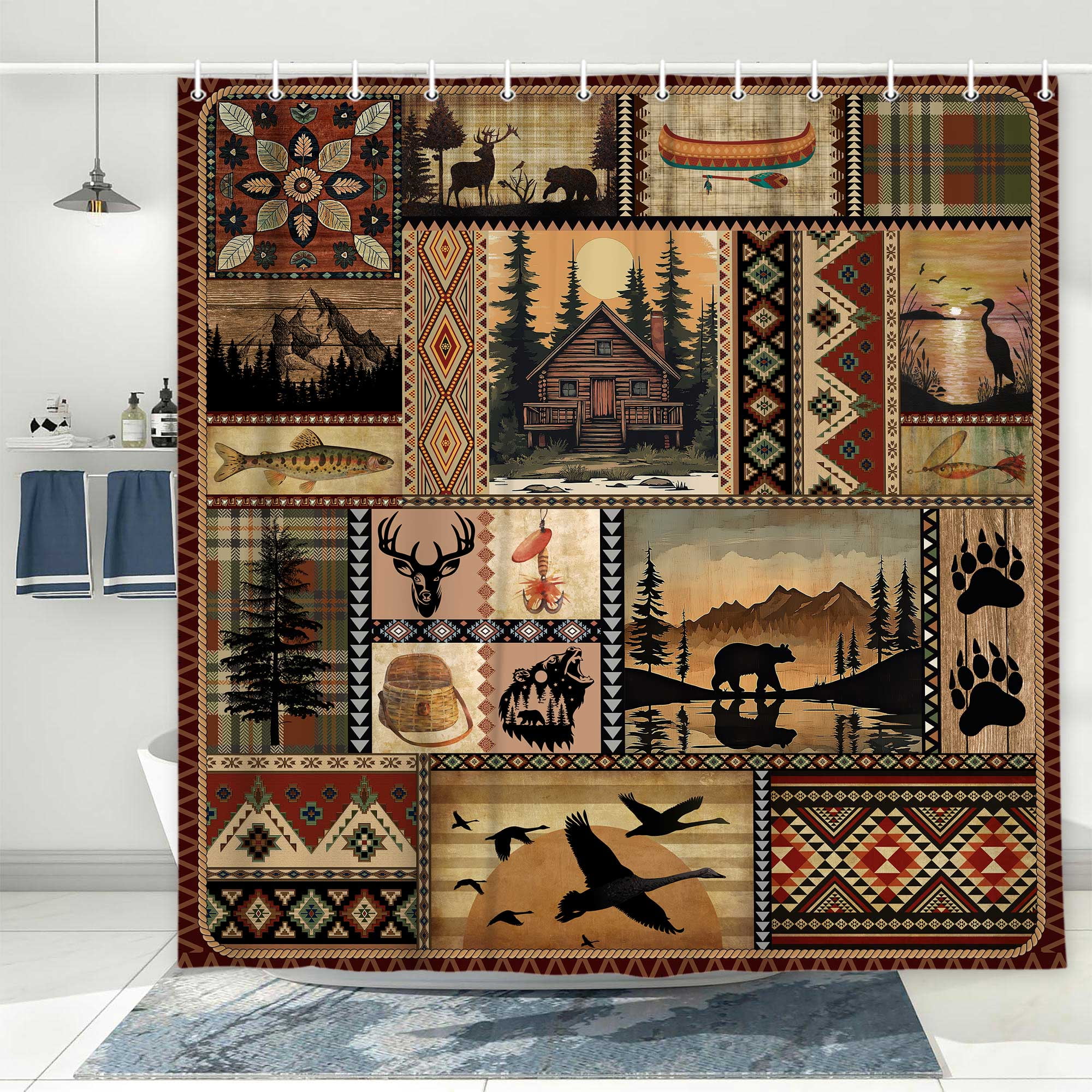 Cabin Shower Curtain, Rustic Cabin Lodge Fabric Bath Curtain, Bear Moose Farmhouse Lodge Wooden Board Cloth Shower Curtains Wild Animal Hunting Bathroom Accessories with Hooks, Tan Brown, 72X72in