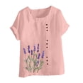 thumbnail image 4 of LEKWK Womens Linen Blouse Lavender Flower Print Basic Tees Short Sleeve Cute Tops Side Button Crew Neck Garden Nature Outfits, 4 of 5