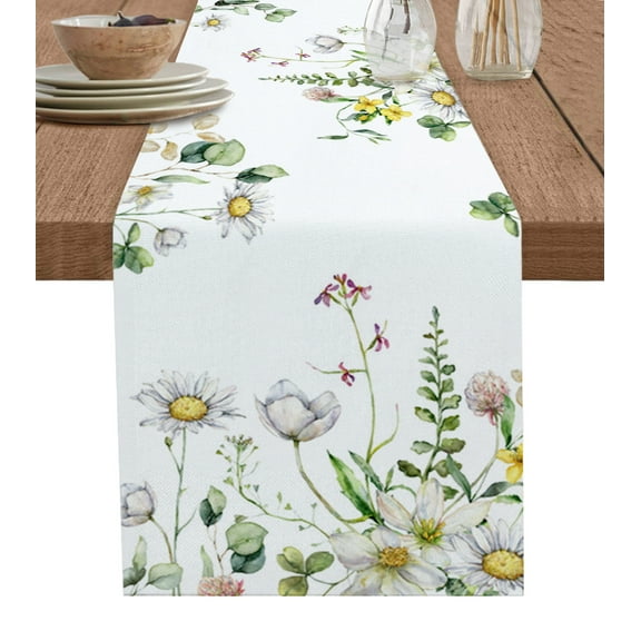 Table Runner Dresser Scarves 90 Inch Long, Spring Watercolor Pastoral Daisy Linen Dining Table Runners Botanical Leaves Plants Flower Tabletop Scarf for Wedding Holiday Party Kitchen