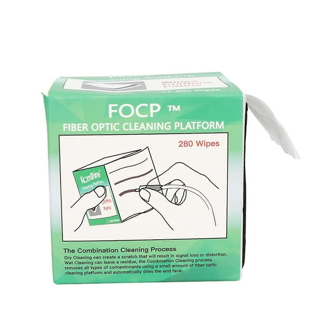 Pack of 280 single-ply fiber wipes with transparent breakpoints for cleaning various connectors