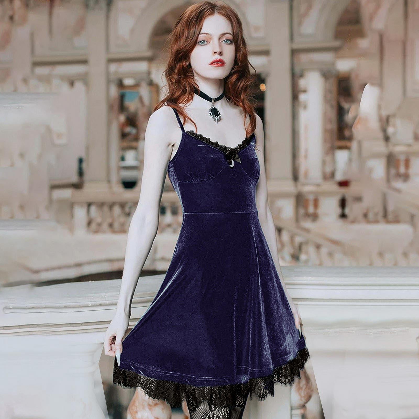 Velvet Vintage Black Dress Women Fairy Lace Trim Uganda | Ubuy