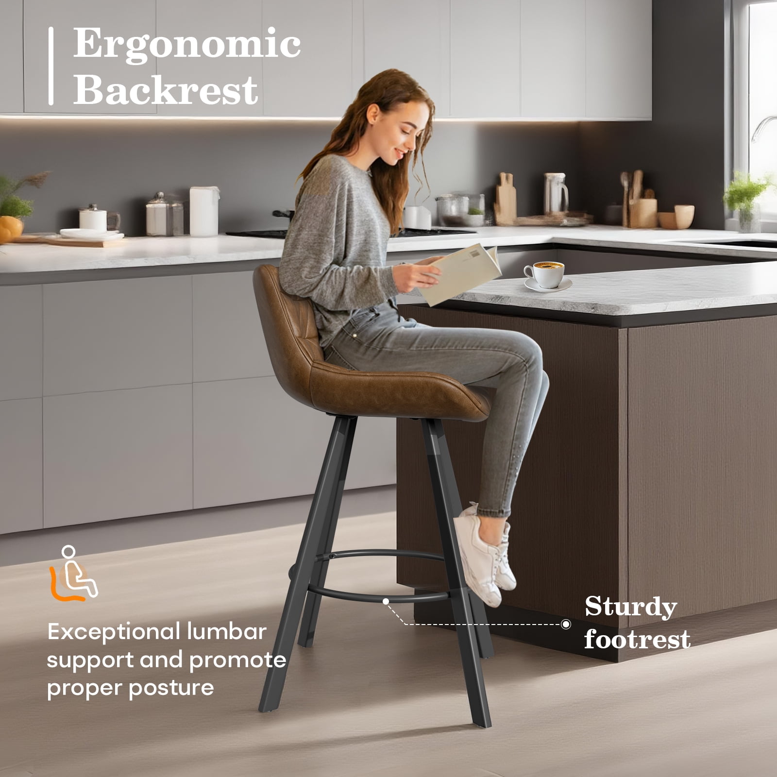 HomeZeer Bar Stools Set of 6, 26" Counter Height Bar Stools with Low Back and Footrest, PU Leather Upholstered Seat, Metal Legs Bar Chairs for Kitchen Island Dining, Brown