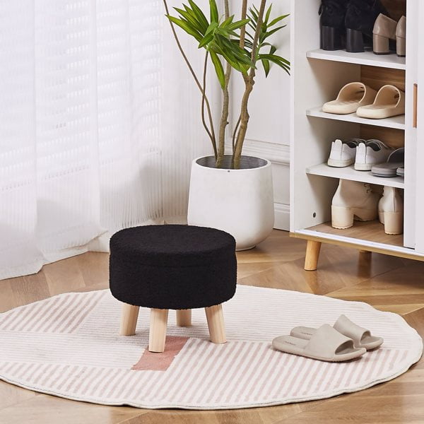 Storage Ottoman, Modern Round Footrest with Soft Padded Seat, Teddy Velvet Footstool with Wood Legs, Accent Small Table or Plant Stand for Hallway, Living Room (Black)