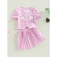 thumbnail image 2 of Arvbitana Little Girl Pleated Flared Skirts Set 3T 4T 5T 6T 7T Puff Short Sleeve Tops Button Down Shirt Blouse A-line Skirts Summer Outfits, 2 of 8
