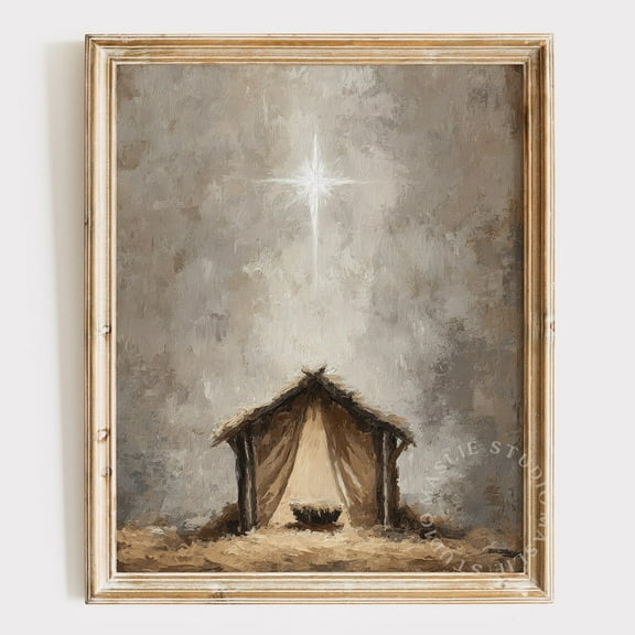 PosterArt Nativity Manger Poster, Christian Winter Wall Art, Jesus Birth Scene with Star, Religious Holiday, 8x12 UNFRAMED