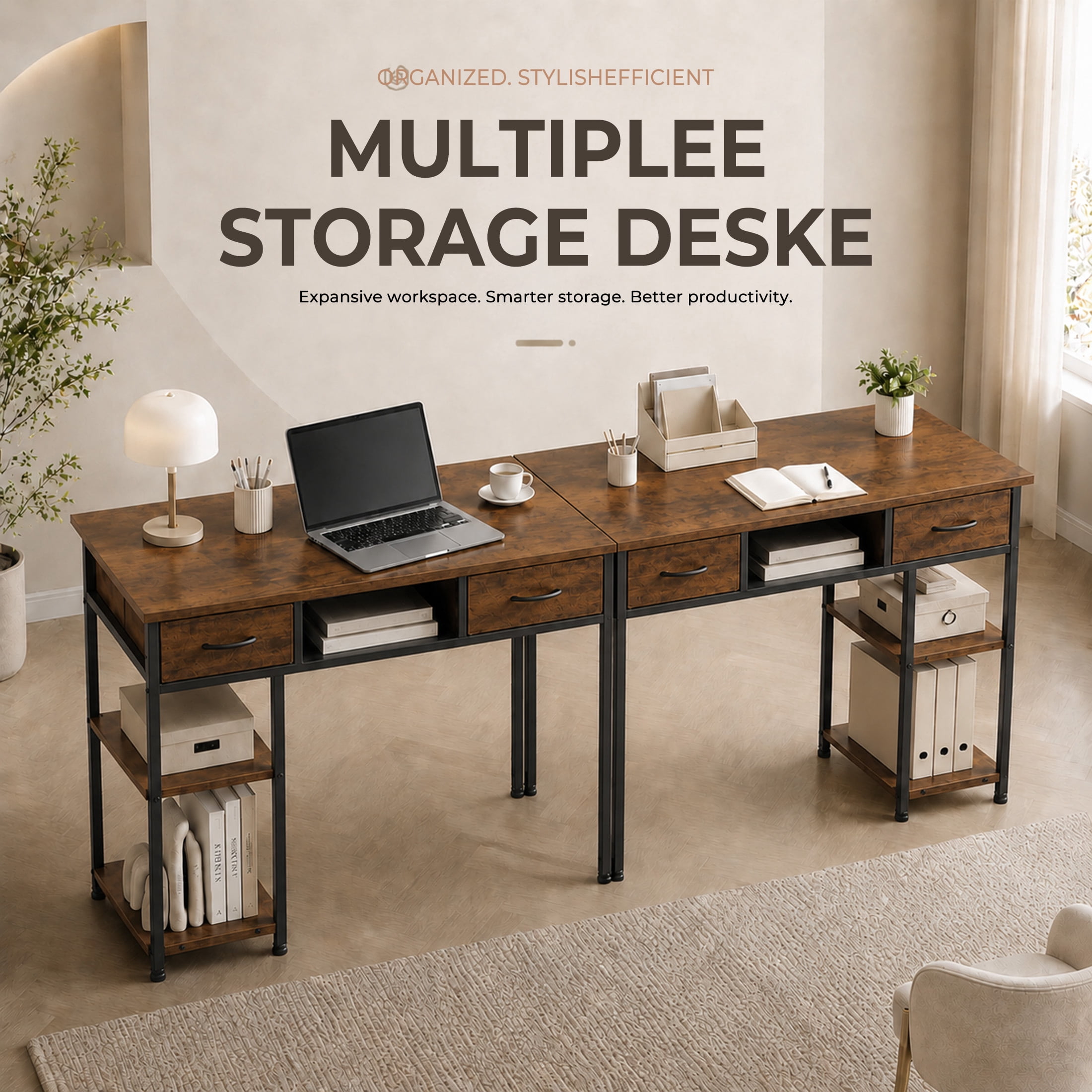 edx Small Desk with Fabric Drawers & Storage Shelves, 48 Inch Computer Desk Modern Writing Desk Study Table for Home Office, Brown Rust