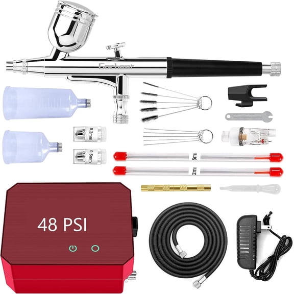 Airbrush Kit with Air Compressor, 48 PSI High Pressure Air Brush Non-Clogging with 0.2/0.3/0.5mm Nozzle/Cleaning Sets, Ideal for Painting, Modeling, Cake Decor, Pastry, Makeup (Red)