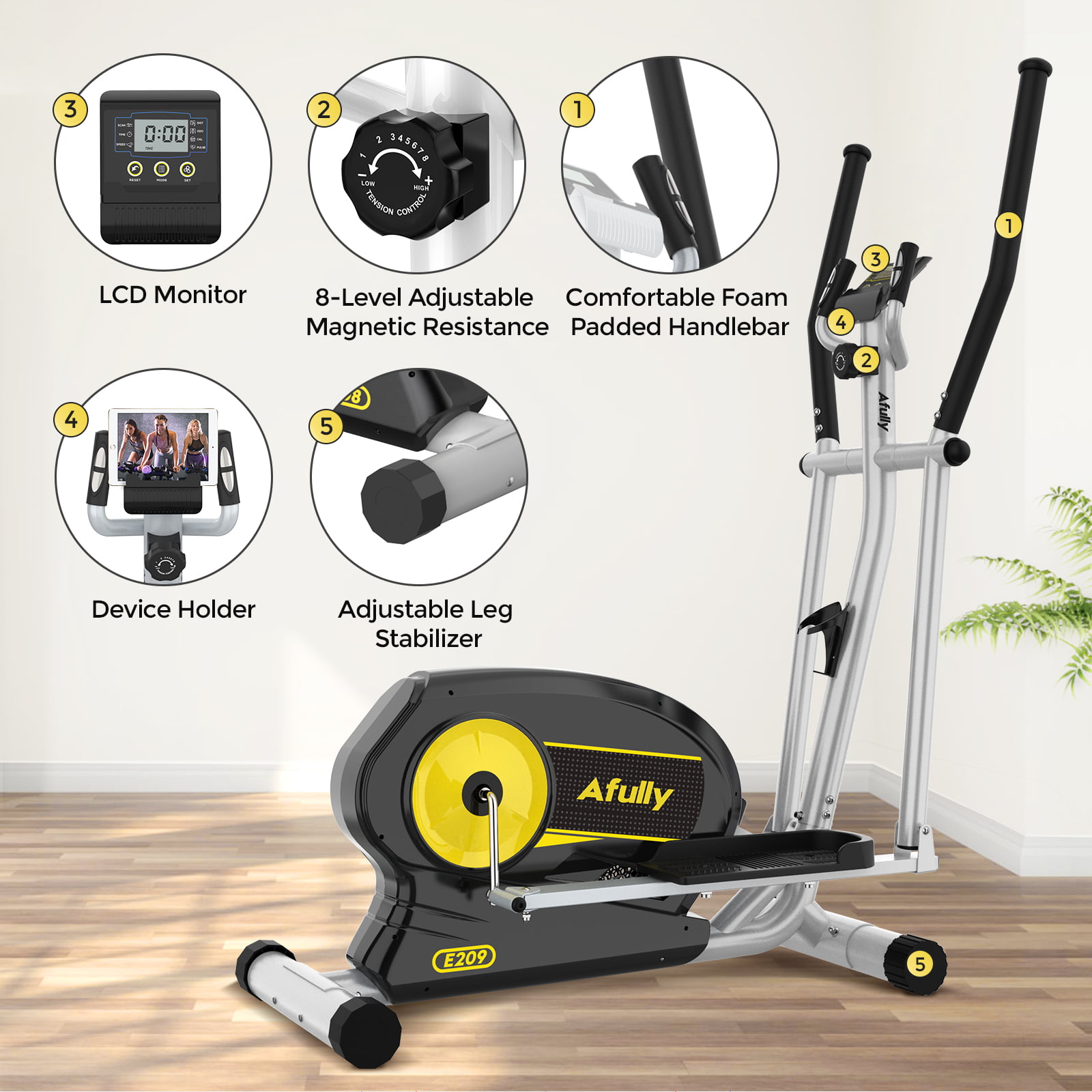 Afully Elliptical Machine with 8 Level Adjustable Magnetic Resistance Elliptical Trainer with LCD Monitor Elliptical Machine for Home Use Max Capacity Weight 350LBS 