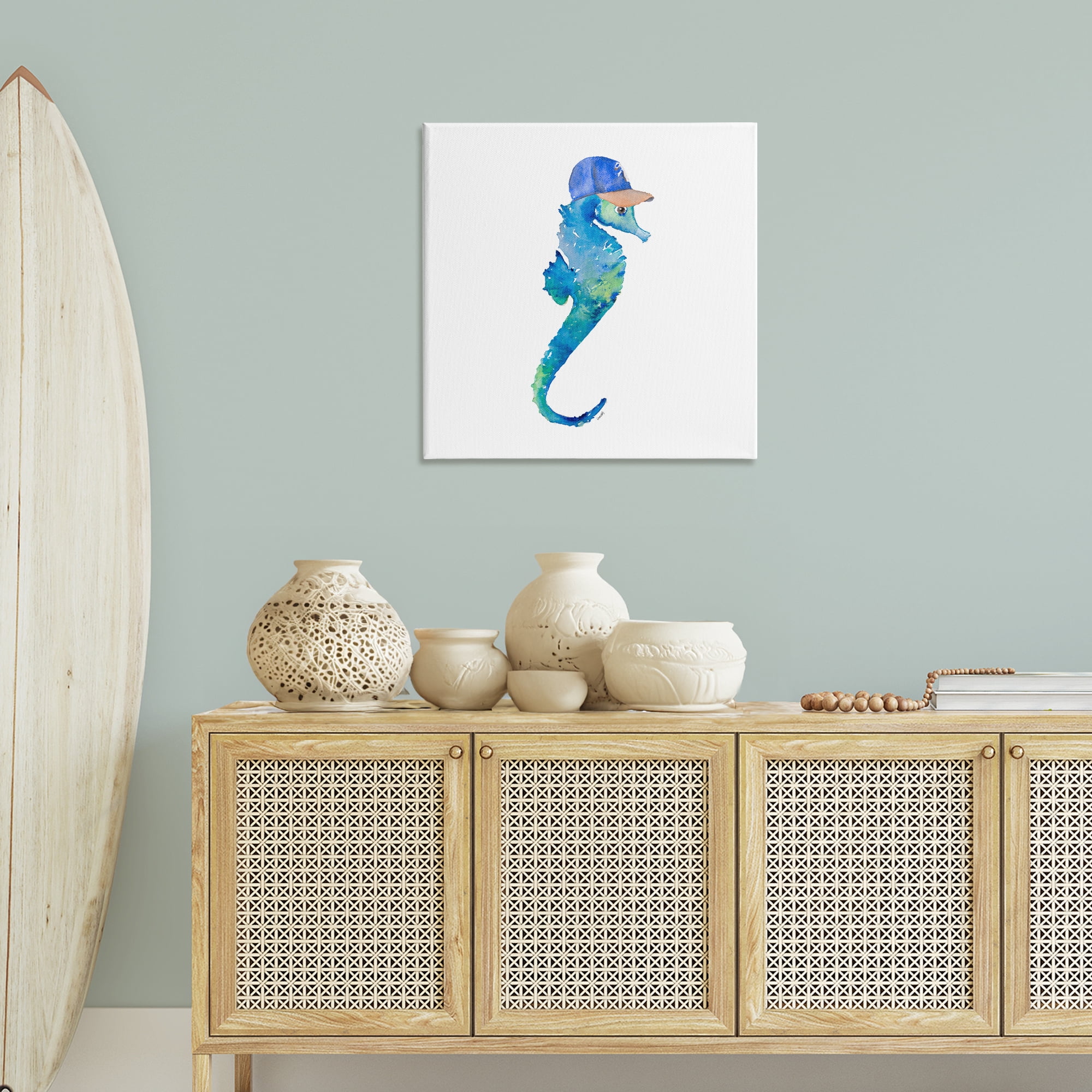 Stupell Industries Blue Seahorse in Hat Novelty Painting Gallery Wrapped Canvas Art Print Wall Art, 30 x 30