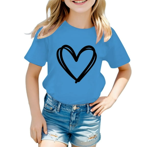 AWZXDE Girls Cute Graphic Short Sleeve Tee Round Neck Casual Summer Tops Valentine Theme T Shirt Fashion Basic For Kids Sky Blue，11-12 Years