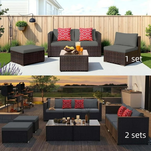 5 Pieces Outdoor Patio Furniture Set, Lofka PE Wicker Rattan Sectional Sofa, Outdoor Conversation Set with Removable Cushions&Coffee Table for Backyard Poolside (Gray)