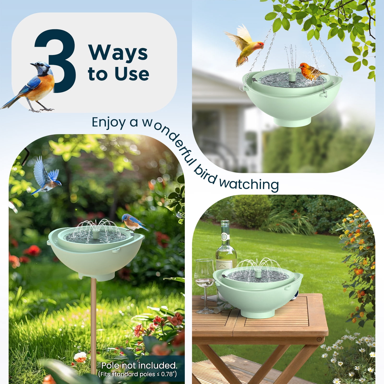 Areker Smart Bird Bath with Water Fountain, 2L Solar Bird Bath with Water Circulating Filtration & Battery Backup, 3 Fountain Modes Dry-Burning Protection Birdbath for Courtyard
