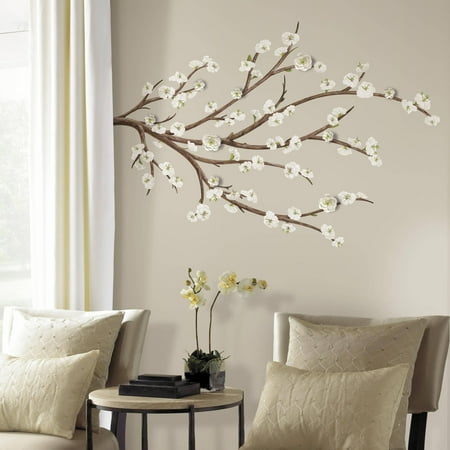Roommates White Blossom Branch Peel and Stick Giant Wall Decals with Flower Embellishments