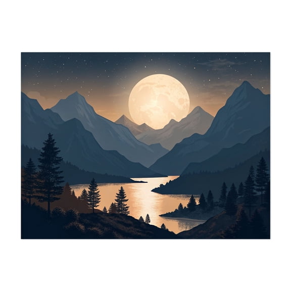 Moonlight over the Mountains - Illustration Moon Night Sky Landscape Mountain Scenic Nature Mystical Unframed Wall Art Print 5 x 7 inches