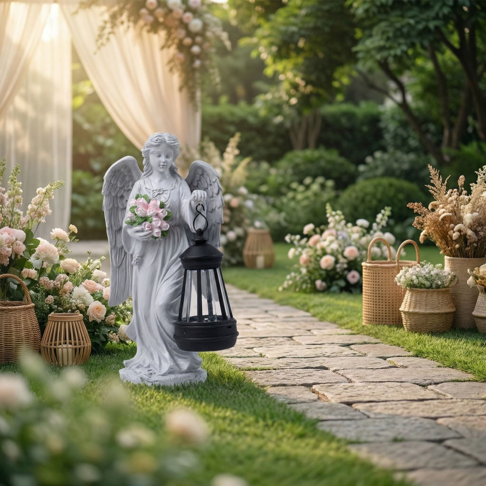 Solar Angel Outdoor Garden Decor Statues - 9 inches Solar Outdoor Sculptures for Outside Yard Art Patio Balcony Front Lawn Ornaments Gifts for Mom Grandma