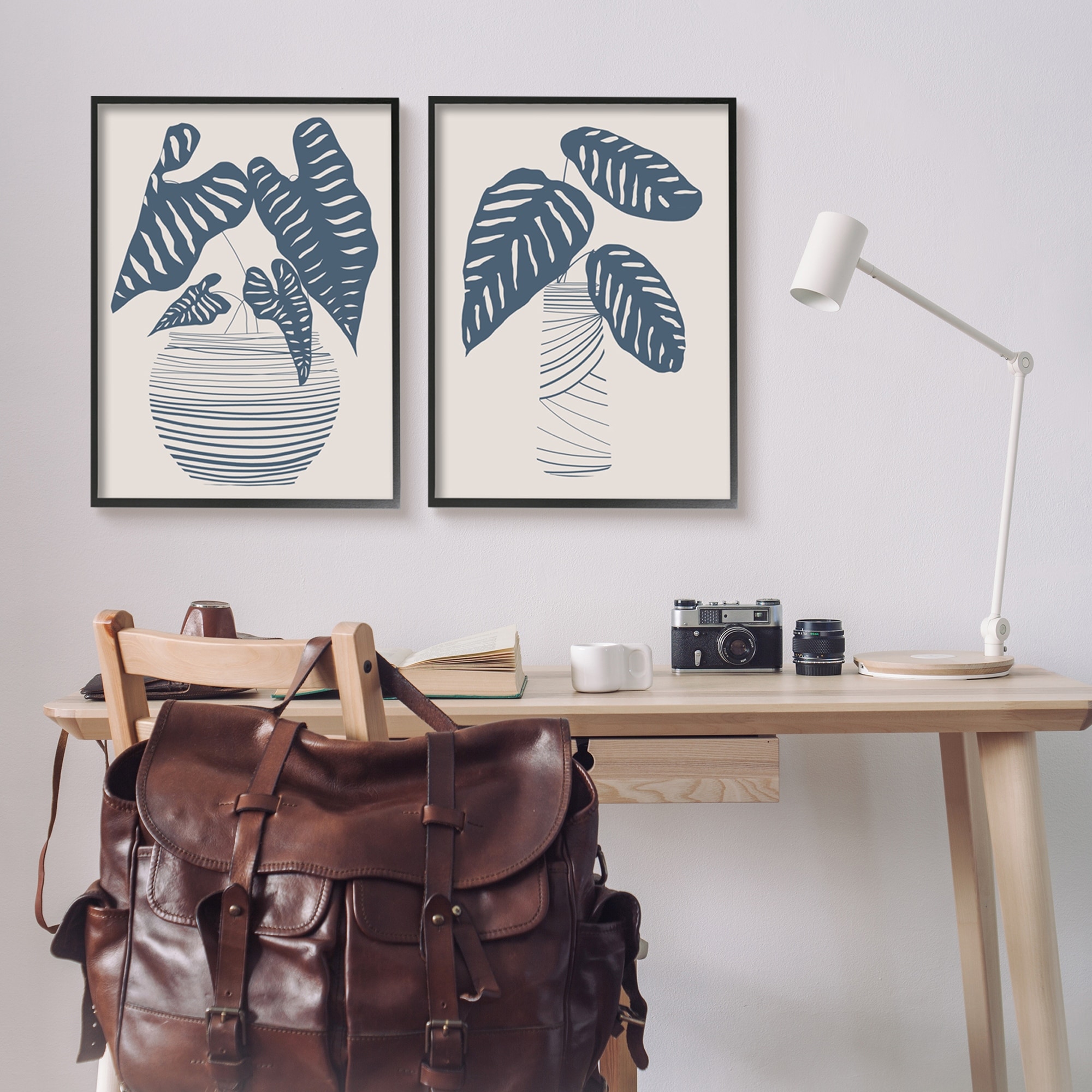 Stupell Industries Neat Potted Plant Leaves Minimal Striped Vases Graphic Art Black Framed Art Print Wall Art, Set of 2, Design by Daniela Santiago