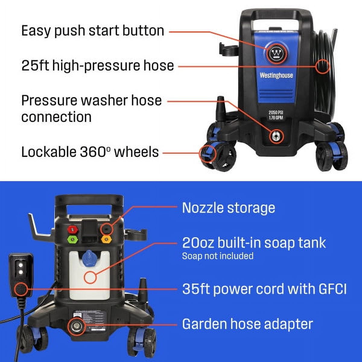 Westinghouse 2700-PSI, 1.76-GPM Electric Pressure Washer with 5 Nozzles & Soap Tank