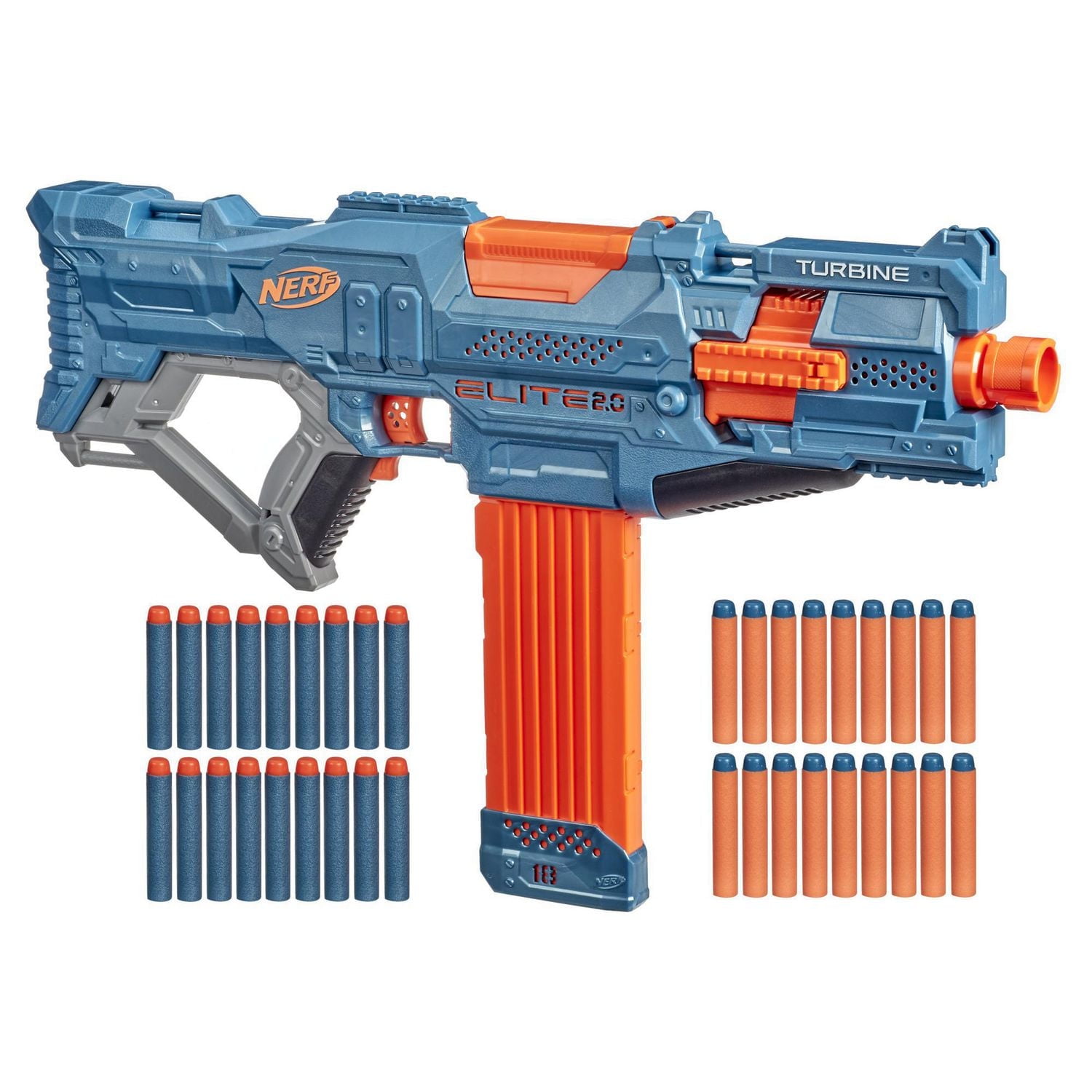 Nerf Elite 2.0, blaster motorisé Turbine CS-18, 36 fléchettes Nerf officielles, chargeur 18 fléchettes, rails tactiques, point de fixation