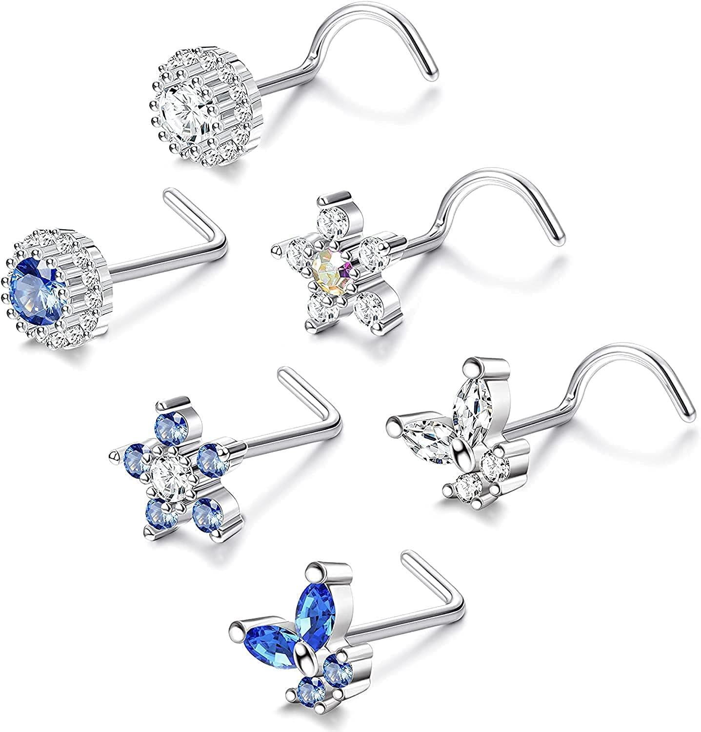 Mqlnutr 6PCS 20G Stainless Nose Ring Studs for Women Men Nose Studs CZ
