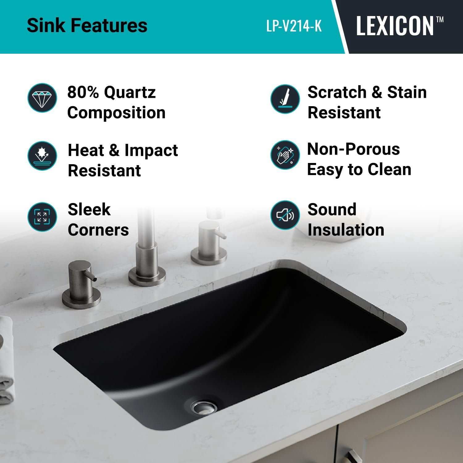 21" Rectangle Quartz Vanity Bathroom Sink, Galaxy Black Drop-In Sink, Undermount Bathroom Sink, Granite Vanity Basin by Lexicon Platinum LP-214-K