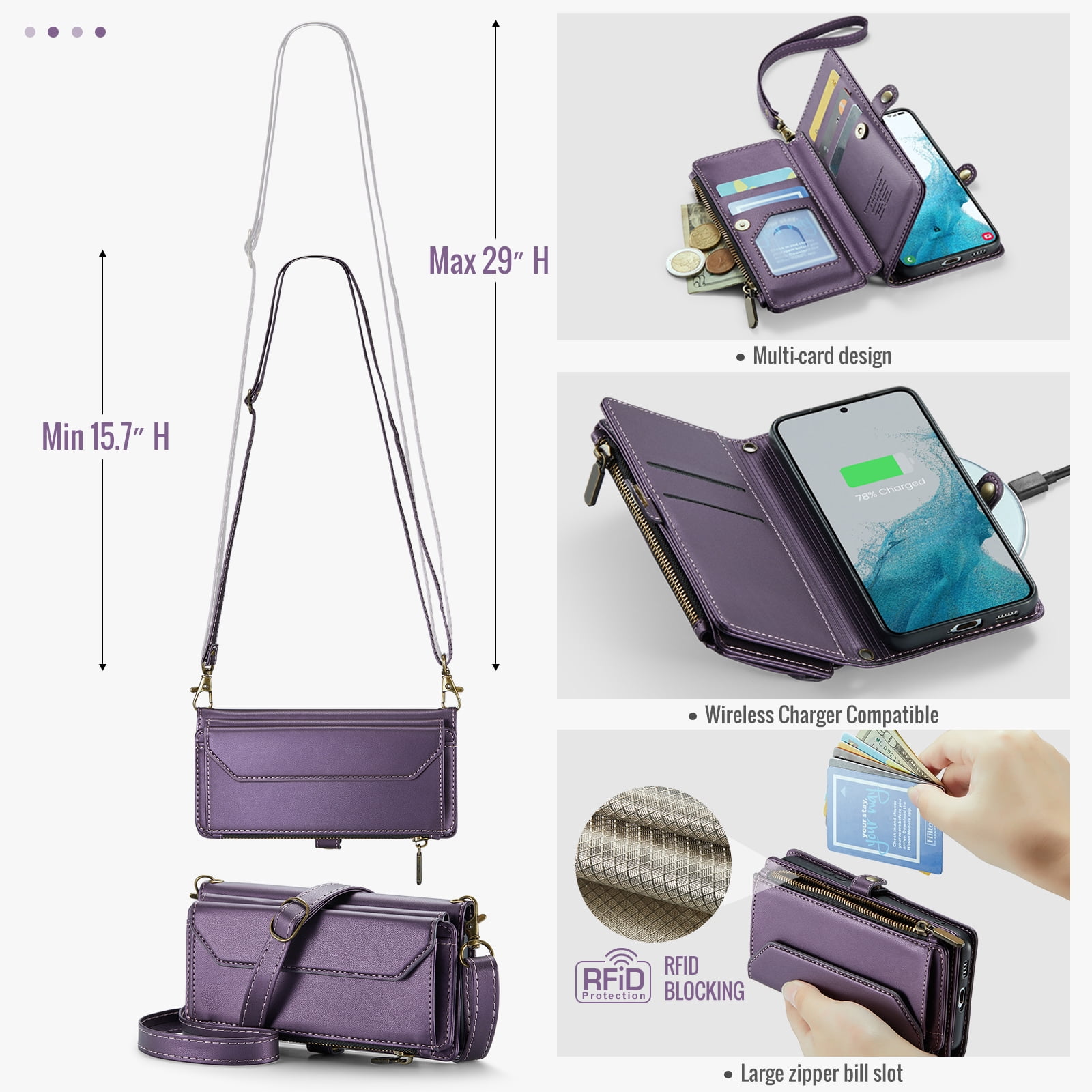 Asuwish Compatible with Samsung Galaxy S22 5G Zipper Wallet Phone Case Tempered Glass Screen Protector Crossbody Lanyard Strap Flip Card Holder Slot Cell Cover for S 22 22S 4G G5 6.1 Women Purple