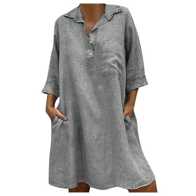 Chemises en Lin pour Femmes Été Femmes Printemps et Été Col à Revers Uni Coton Lin Robe Boutonnée Décontractée Poche Manches 3/4 Robe Chemise Robe d'Été pour Femmes Aguichant