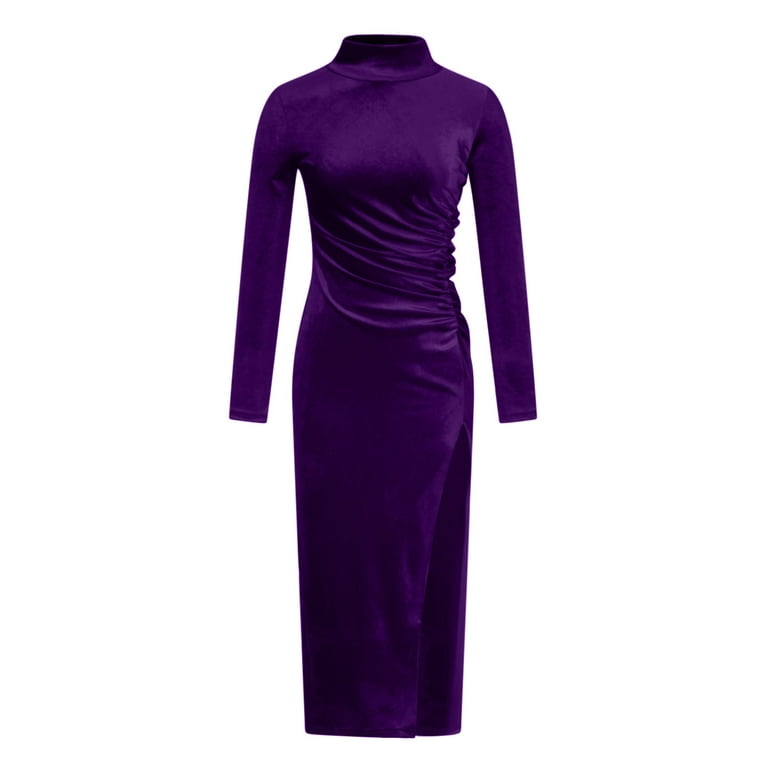 Asymmetrical Neck Ruched Split Thigh Velvet Dress Formal Dresses for Women  Party (Color : Purple, Size : M.)