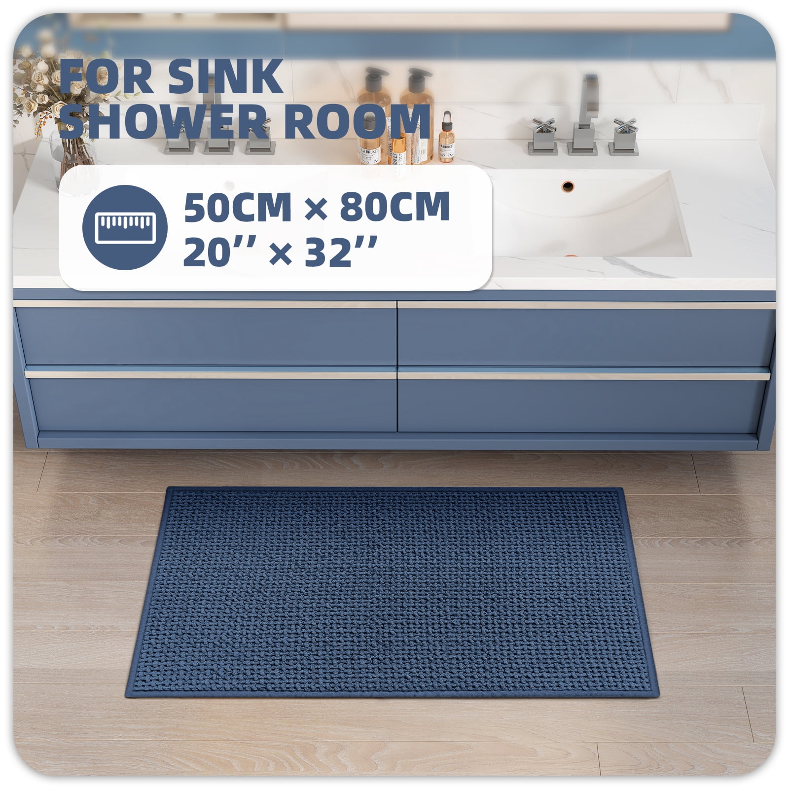 PABUBE Bathroom Rug, Non Slips Bath Mat, Machine Washable Bathroom Mat, Soft Absorbent Bathmat Bath Rug, Bathroom Rug and Mat for Bathroom Floor (20"x32",Navy)