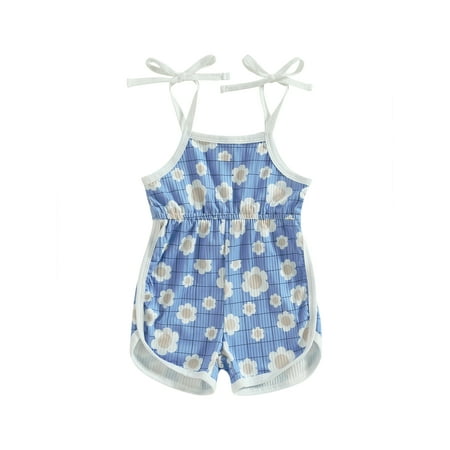 

Qtinghua Toddler Baby Girls Summer Clothes Floral Print Ribbed Sleeveless Romper Elastic Waist Overall Jumpsuit Blue 12-18 Months