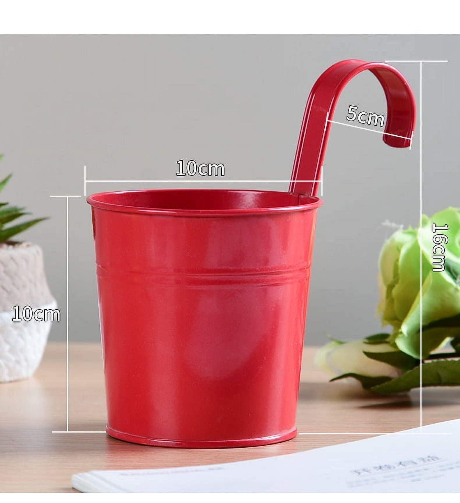4 Pack Hanging Flower Pots, Metal Iron Plant Pot Holders, Large Fence Railing Balcony Garden Hanging Bucket Planters with Detachable Hooks for Indoor and Outdoor Decor,Red