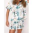 thumbnail image 3 of Women Cute Two Piece Pajama Set Y2K Print Satin Short Sleeve Button Down Shirts Wide Leg Shorts Set Pjs Loungewear, 3 of 5
