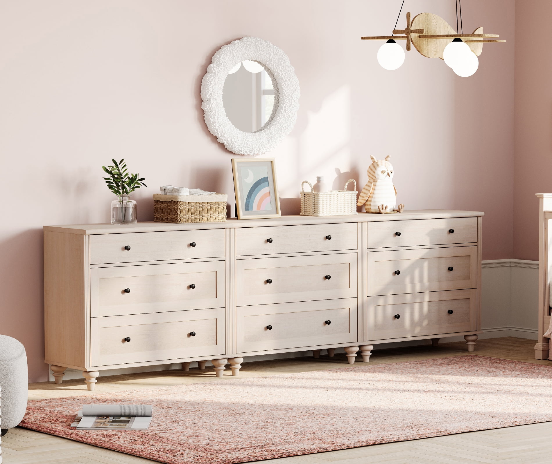 Mid Century Modern Wooden Dresser Set, Light Beige for Livingroom