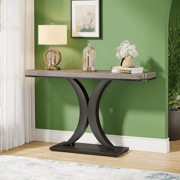 39.4" Industrial Console Table - Rustic Brown Wood Grain with Curved Edge, Heavy-Duty Geometric Base - Narrow Entryway Table for Living Room, Hallway & Foyer