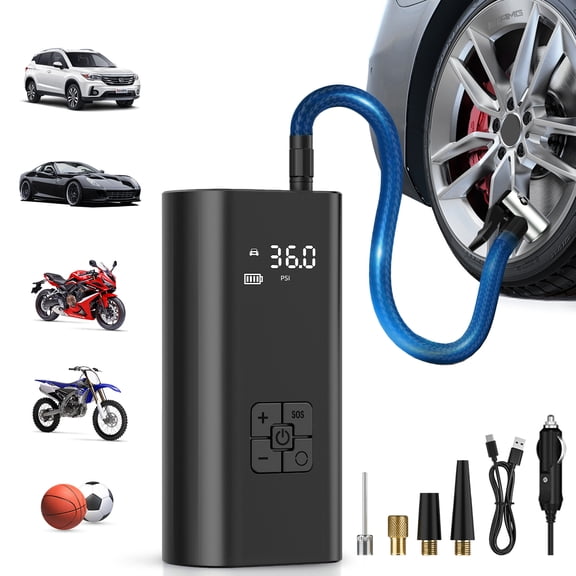 Tire Inflator Portable Air Compressor, 12000mAh&150PSI Cordless Electric Air Pump with Digital Pressure Gauge, Power Bank & Emergency LED Light, Rechargeable Tire Pump for Car Motorcycle Bicycle Ball