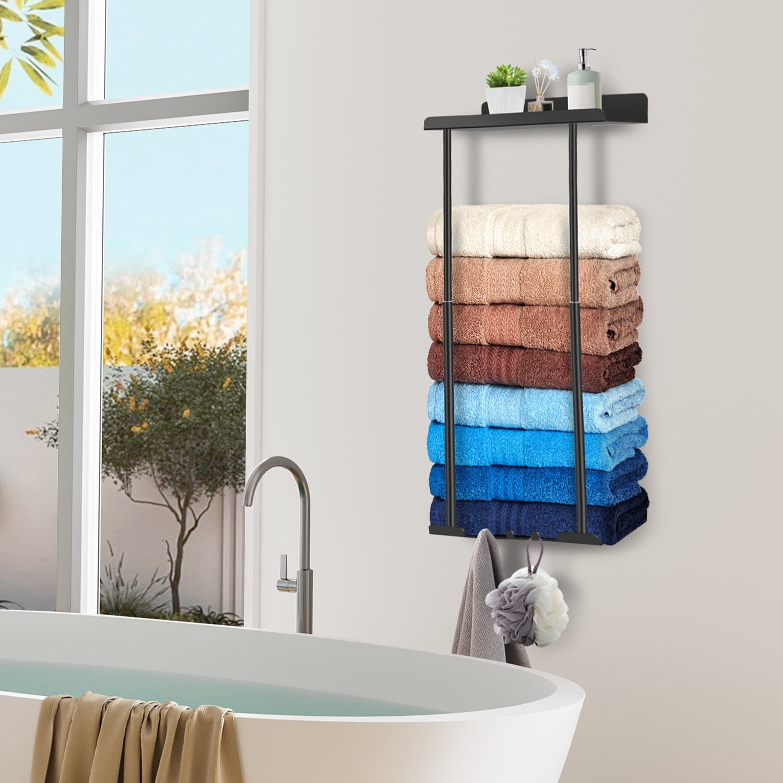 PHANCIR Retractable Wall-Mounted Towel Rack for Bathroom, Metal Towel Holder with Shelf & Hooks, Storage for Bath Towels & Hand Towel, Black