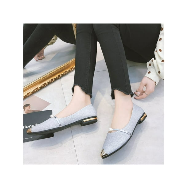 Woobling dames chaussures plates bout pointu robe chaussure sans lacet appartements escarpins l gers femmes d contract talon bas Argent 4.5