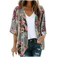 thumbnail image 2 of LMKIHUSA Women's Floral Print Puff Sleeve Kimono Cardigan Boho Sheer Lightweight 3/4 Sleeve Shrug Kimono Beach Cover Ups Casual Loose Front Open Chiffon Swimsuit Coverup,Gray,M, 2 of 9