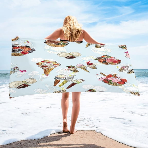 dinapents 250g Quick-Dry Beach Towel 75x150cm - Sand-Resistant Microfiber Square Towel with Summer Ice Cream Pattern, Multi-Use for Travel & Gym