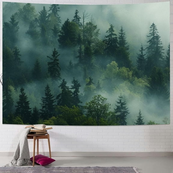 Creowell  Forest Tapestry Wall Hanging Foggy Tree Tapestry Nature Misty Forest Mountain Wall Tapestries Woodland Landscape Backdrop for Dorm Room Living Home Office Large, Grey Green Painting