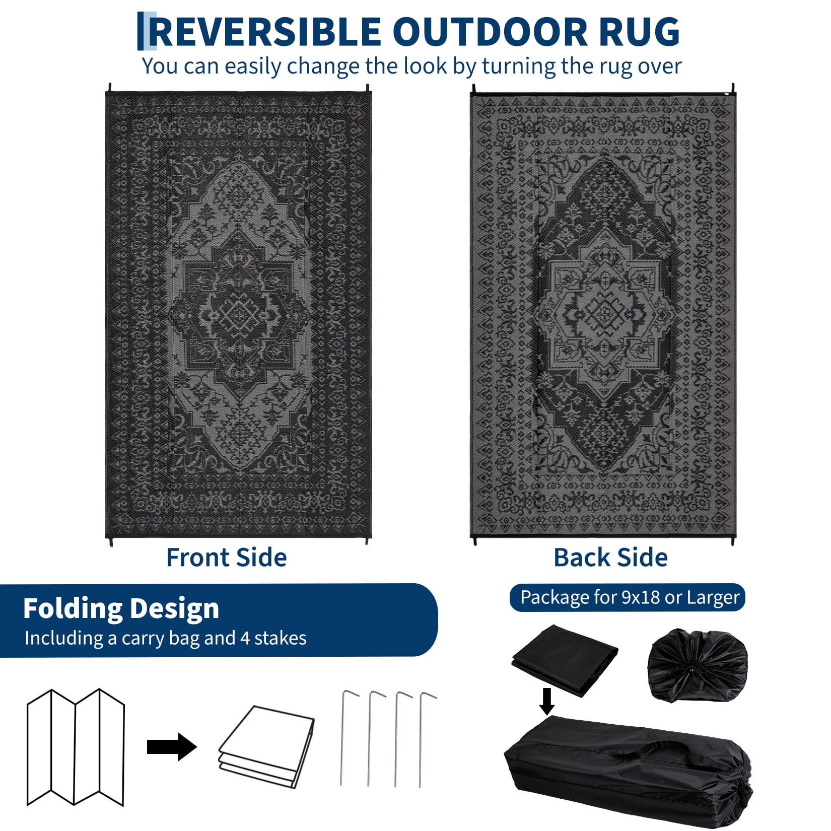 Garvee Outdoor Rug 9'x12' Waterproof Reversible Plastic Straw Rug, Indoor Outdoor Rug for Patio RV Camping Balcony Deck Backyard, Black & Gray