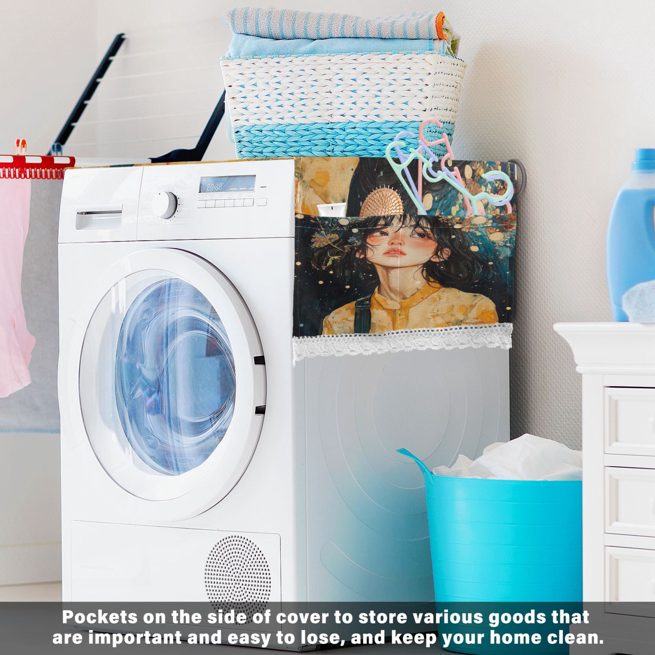 Black Hair GirlWasher and Dryer Covers Dust-Proof and Oil Resistant Fridge Cover with 4 Storage Pockets Washing Machine Top Cover for Laundry Kitchen Home 51.2 x 22 In