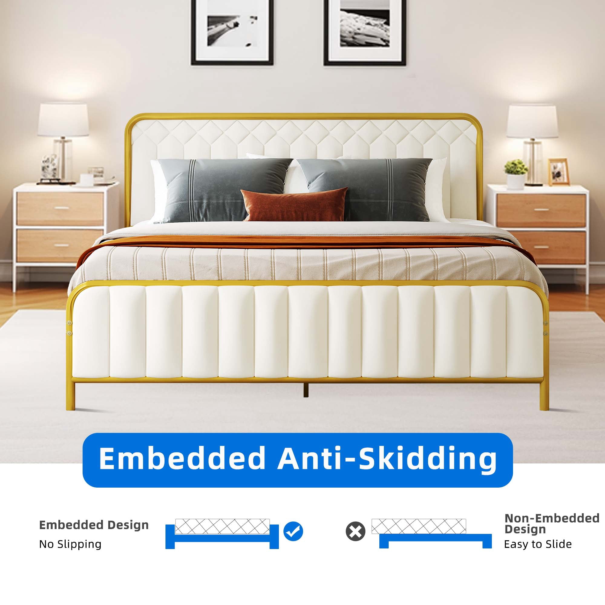 Dextrus Upholstered King Size Platform Bed Frame with Headboard, Wooden Slats Mattress Foundation with Soundproof Cotton, No Box Spring Needed, Beige