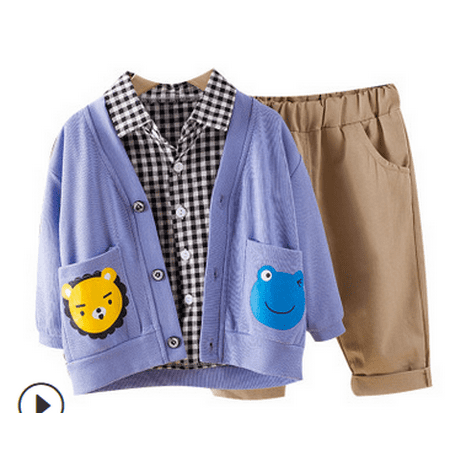 Children Clothing Set, Long Sleeve Plaid Shirt and Knitted Cardigan and Pants Three-piece Suit for Birthday Party Photography