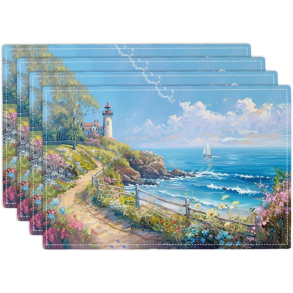 Lighthouse Placemats Set of 4 Beach Coastle Table Mats Blue Ocean Place Mats Decor Imitation Linen Heat Resistant Tablecloth for Dining Decoration Kitchen Party Restaurants 12''x18''