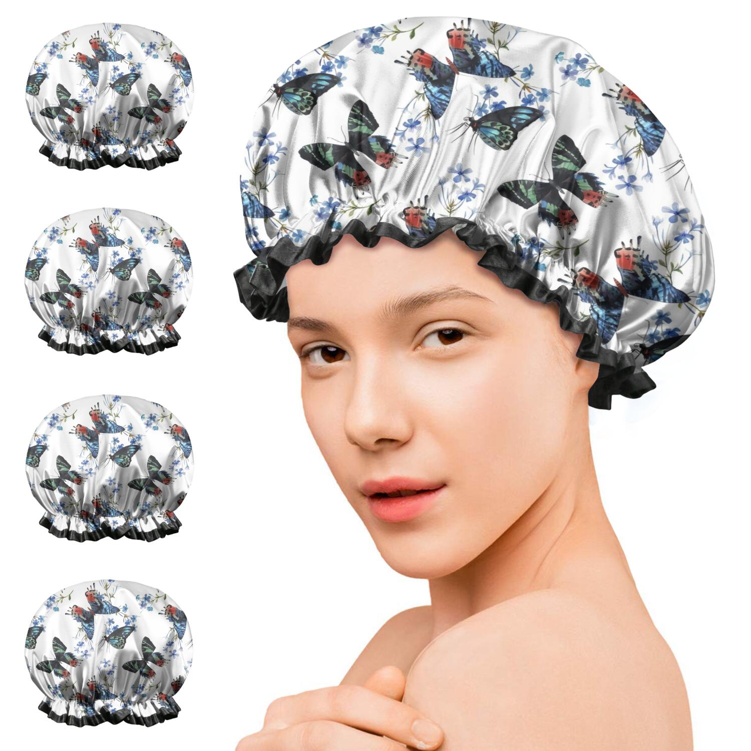 Shower Caps,White Butterfly Blue Flower Pattern Waterproof Shower Cap for Women 4 Pieces,Double Reusable Hair Cover for Shower PEVA Elastic Stretch Hem