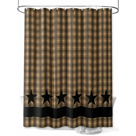 Fsddascl Brown Black Plaid Shower Curtain Set - Long 72" x 84" Washable Bathtub Curtain with 12 Hooks, Vintage Rustic Star Buffalo Check Waterproof Fabric Stall Shower Curtains for Bathroom/Bathtub