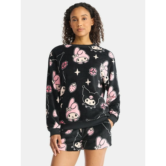 Sanrio Women's My Melody and Kuromi Print Plush Fleece Sweatshirt, Sizes XXS-XXL
