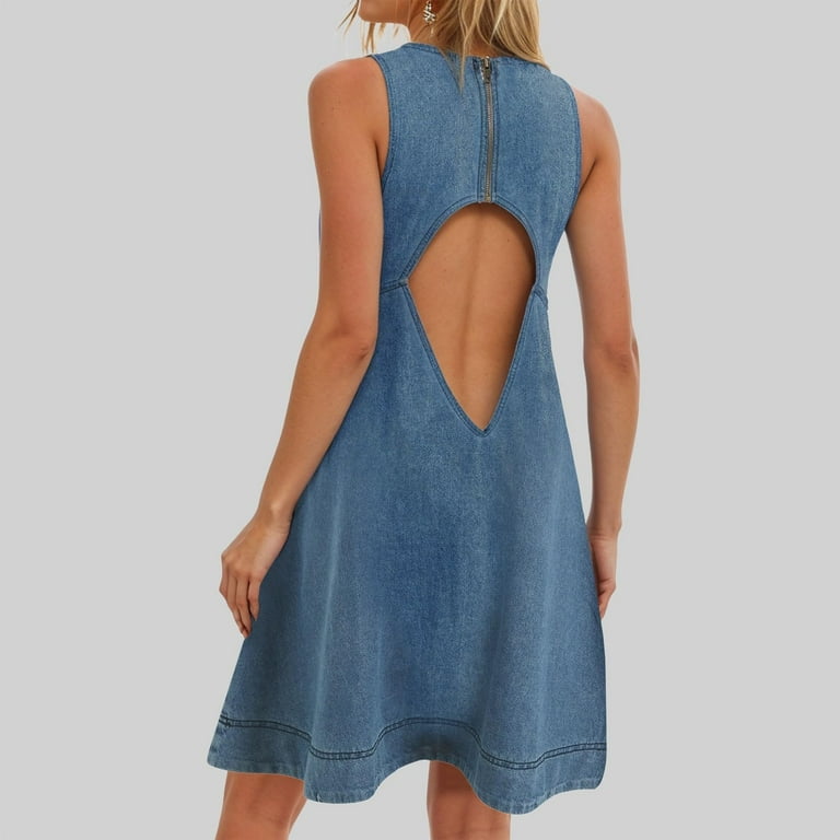 Dark Royal Blue Western Plain Casual for Ladies Fall Summer Sleeveless Faux  Gauze Linen Denim Midi Knee High Loose Fit Dresses Womens 2025 Clothes  Country Concert S - Walmart.com